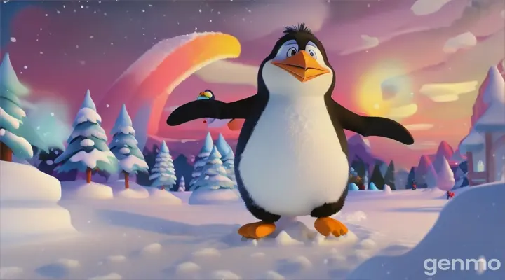 a  cartoonpenguin is jumping in the snow  16:9