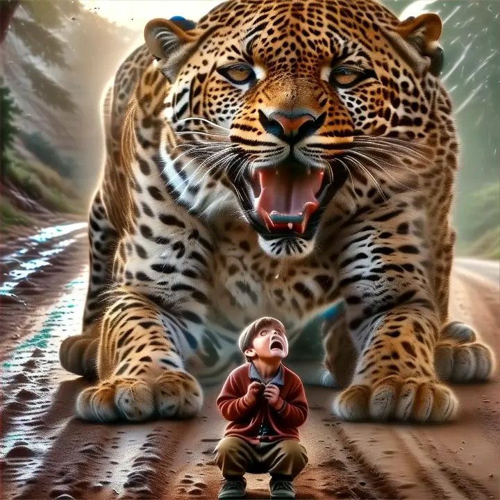 a little boy kneeling down next to a large leopard on a dirt road