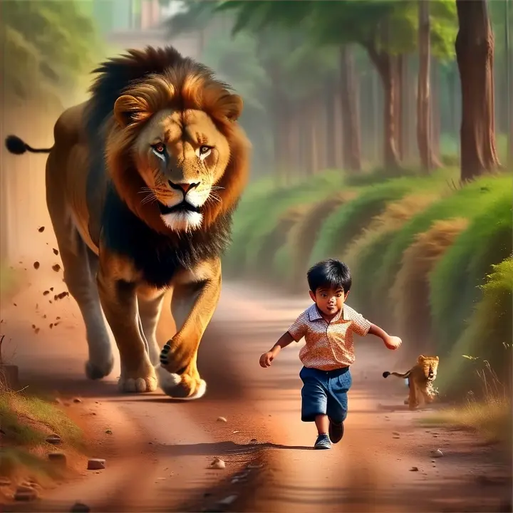 little boy running away from giant scary lion