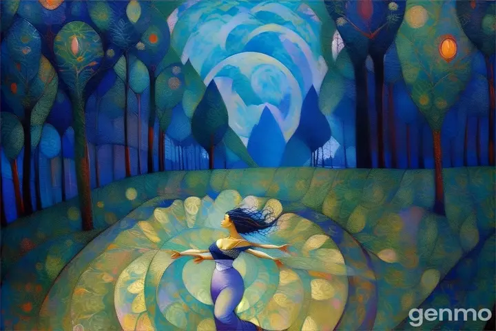 a painting of a woman floating in a forest