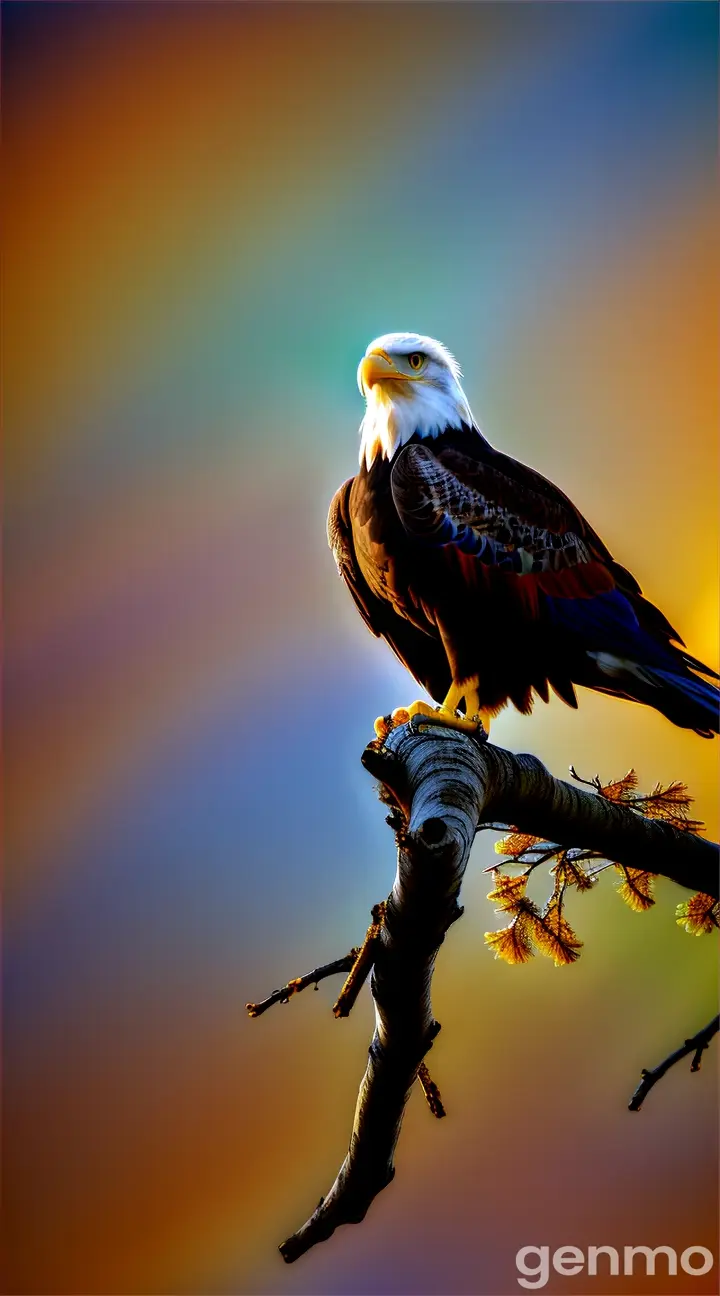 A bird resembling a freedom bird with a strange color. On a branch 