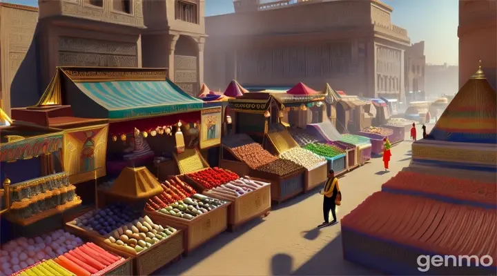 Animate the lively Egyptian market with vendors, shoppers, and traditional goods.Pixar 3D animated cartoon