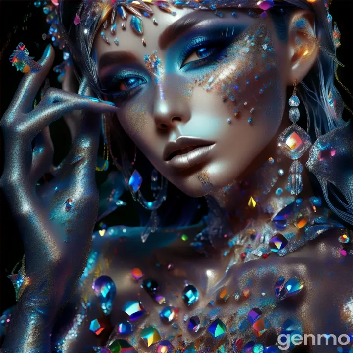 Woman's face with iridescent crystal fragments in an underwater oasis, surrounded by colorful coral and exotic fish