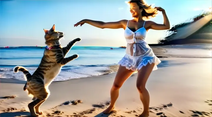 a woman in a white dress dancing with a cat on the beach