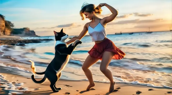 a woman Dancing with a cat on the beach”