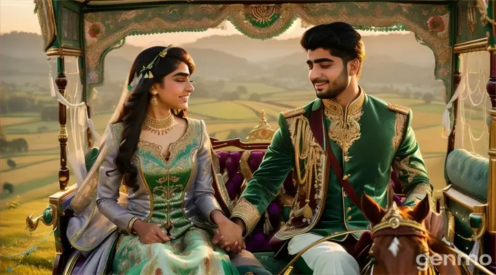 A 23-year-old Pakistani man and his girlfriend, hand in hand, ride a vibrant, intricately decorated horse-drawn carriage on a serpentine road, surrounded by lush, emerald green hills and towering trees, their canopies a kaleidoscope of autumn hues, as the warm, golden light of dusk casts a romantic glow; the carriage's velvet canopy is adorned with intricate, silver embroidery, and the sound of soft, traditional Pakistani music wafts through the air, capturing the essence of their joyful, whimsical journey.