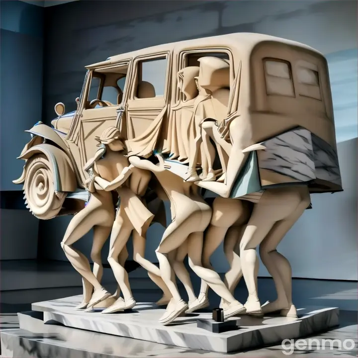 a sculpture of a group of Completely abstract from clothes people pushing a car