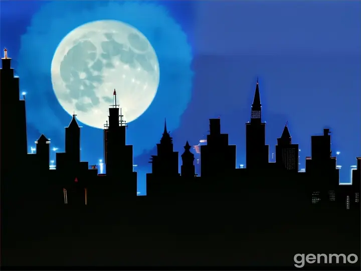 a silhouette of a city at night with a full moon