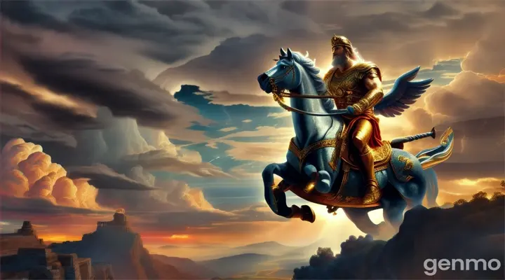 Zeus flying in sky on his chariot 