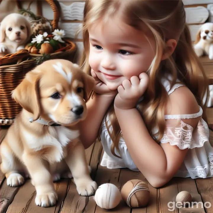 a little girl sitting next to a puppy on a wooden floor