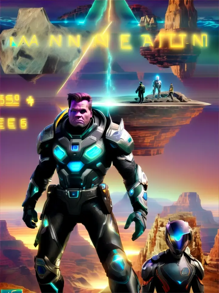 A man in a futuristic suit standing at the edge of a deep, vast canyon on an alien planet