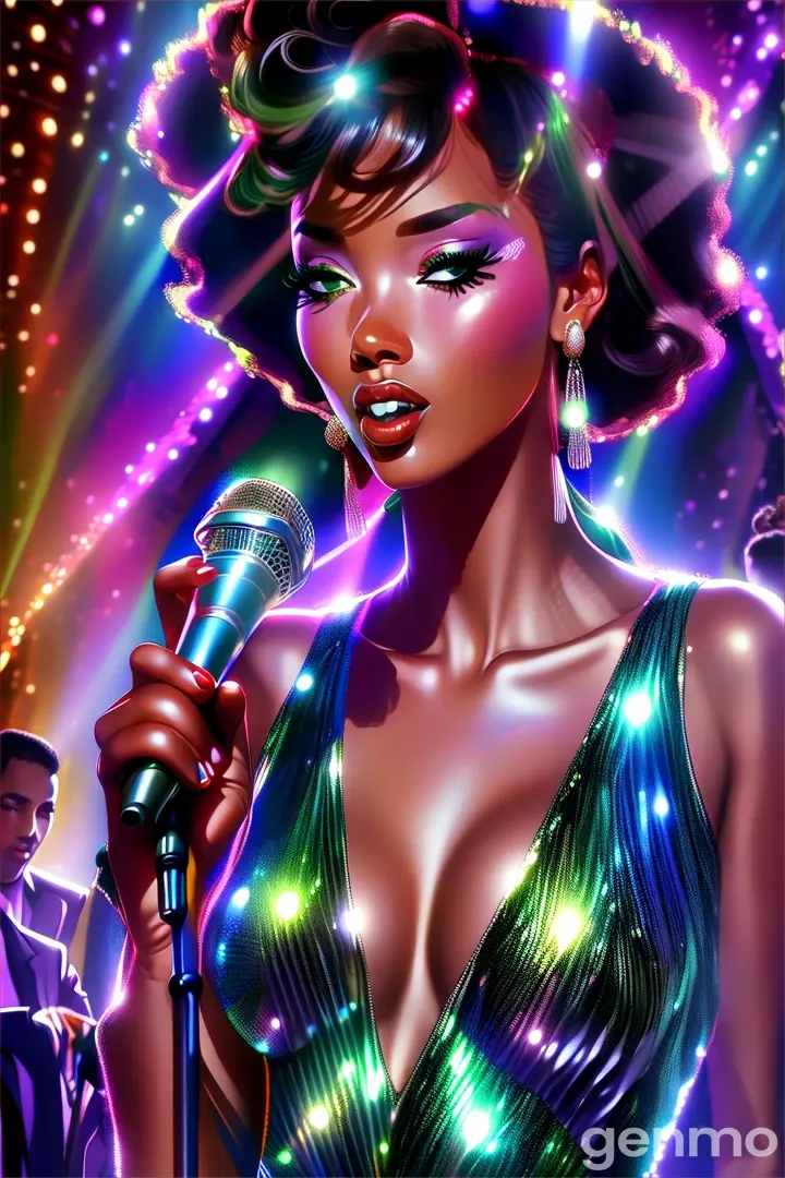 a woman in a green dress holding a microphone