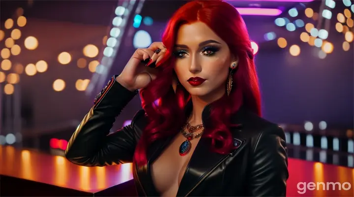 A night bar, a table, a girl with long red hair, wearing a black leather suit with jewelry, colorful earrings, bracelets on her hands, long dark wavy hair developing in movement. The girl holds a glass of Coke. The light of mirror balls sparkles and shimmers across the walls and ceiling, the floor sparkles with light, drive, crisp movements, clear eyes, multicolored beams of light, neon signs, natural colors, bright colors, intricate details, high detail, realistic, cinematic, studio photography, wide angle lens, half angle, sharp focus, best shadows, depth of field, ultra realistic detailed lighting, volumetric lighting, cinematic lighting, dramatic lighting, rays of light, movie, 8k, hdr, high resolution