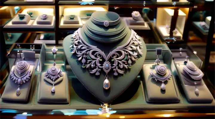 a display case with a necklace and earrings