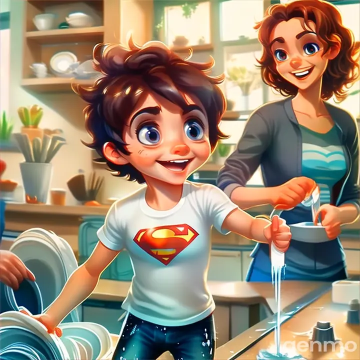 a boy wearing a white t-shirt with the superman symbol on his t-shirt and a woman washing dishes in the kitchen pixar style characters in image modification