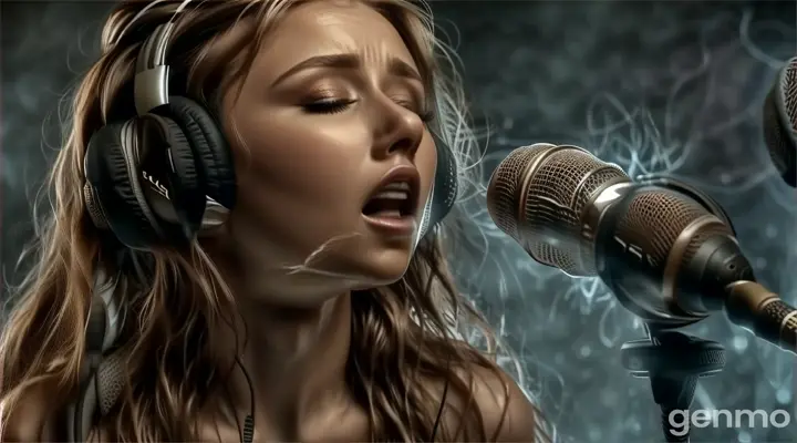 a woman wearing headphones singing into a microphone