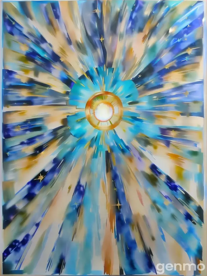 a painting of a sun with blue and yellow colors