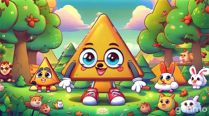 a cartoon picture of a triangle talking, in the middle of a forest