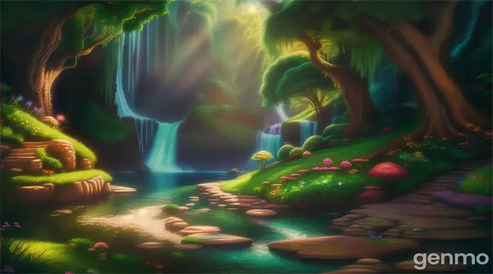 A cartoon river flowing into an enchanted waterfall, surrounded by lush greenery