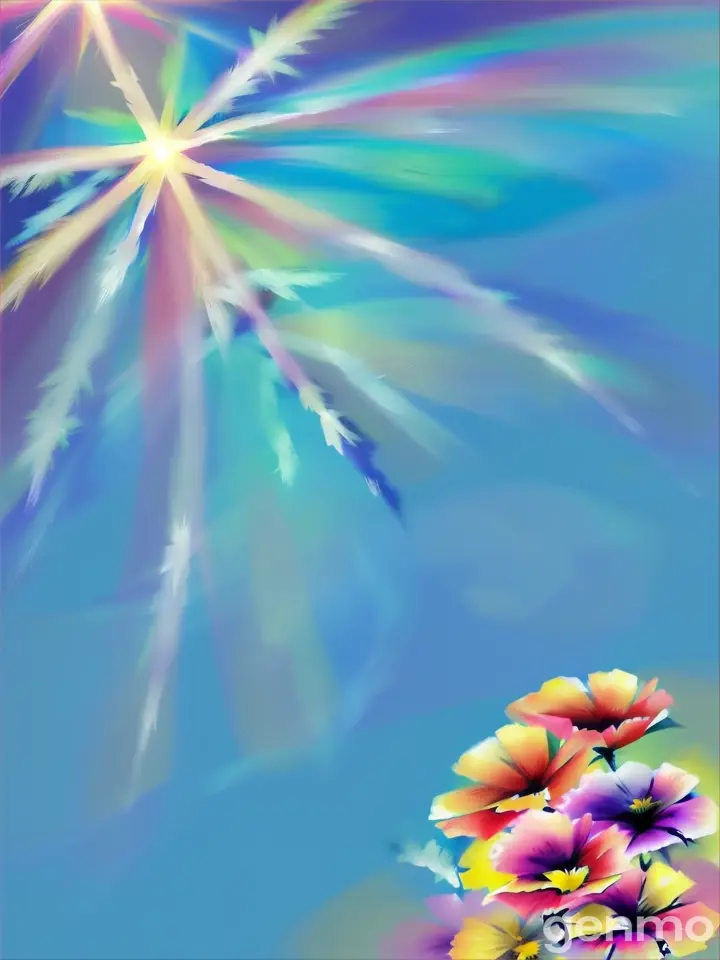 a painting of flowers with a bright sun in the background