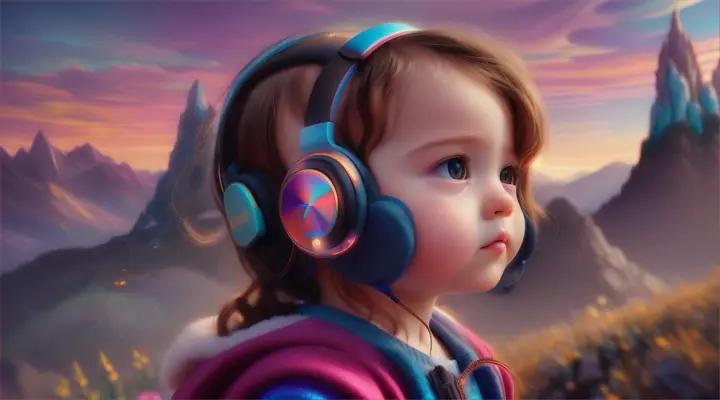 music created with AI: THUMBNAIL FOR YOUTUBE: best mix music: 
a small children  holding mountains in his arms with headphones on her ears