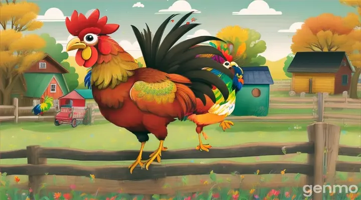 Create a vibrant and cheerful illustration for a children's song called "Kukdoo Koo." The scene should depict a lively morning on a farm. In the center, a colorful rooster is standing on a fence, crowing "Kukdoo Koo" with enthusiasm