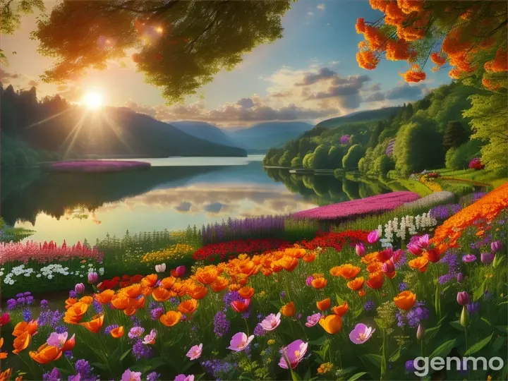 flower gardens, lake and forest nearby, bright orange color, soft shadows, atmosphere the wind shakes the flowers