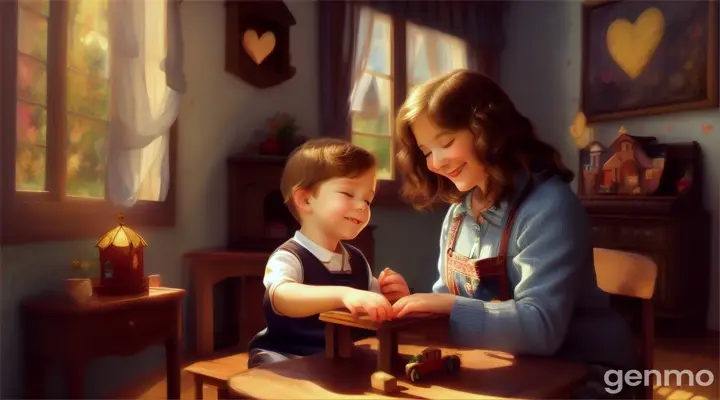 a little boy with his aged mother in a play house