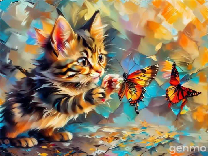 a painting of a kitten playing with a butterfly  One butterfly, no others