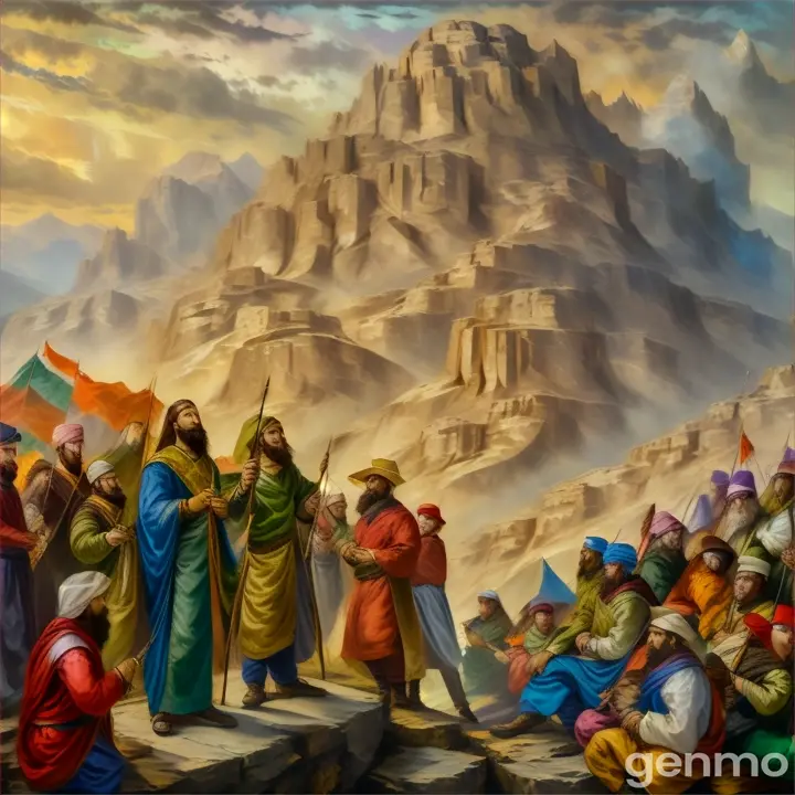 a painting of a group of people standing in front of a mountain give motion to this picture like a movie