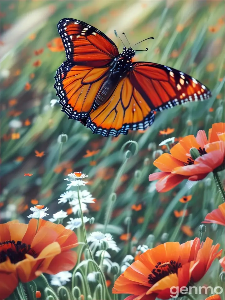 butterflies flying over poppys with ladybugs in the snow castle