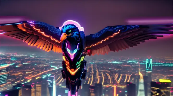 Neon style eagle over frankfurt skyline at night