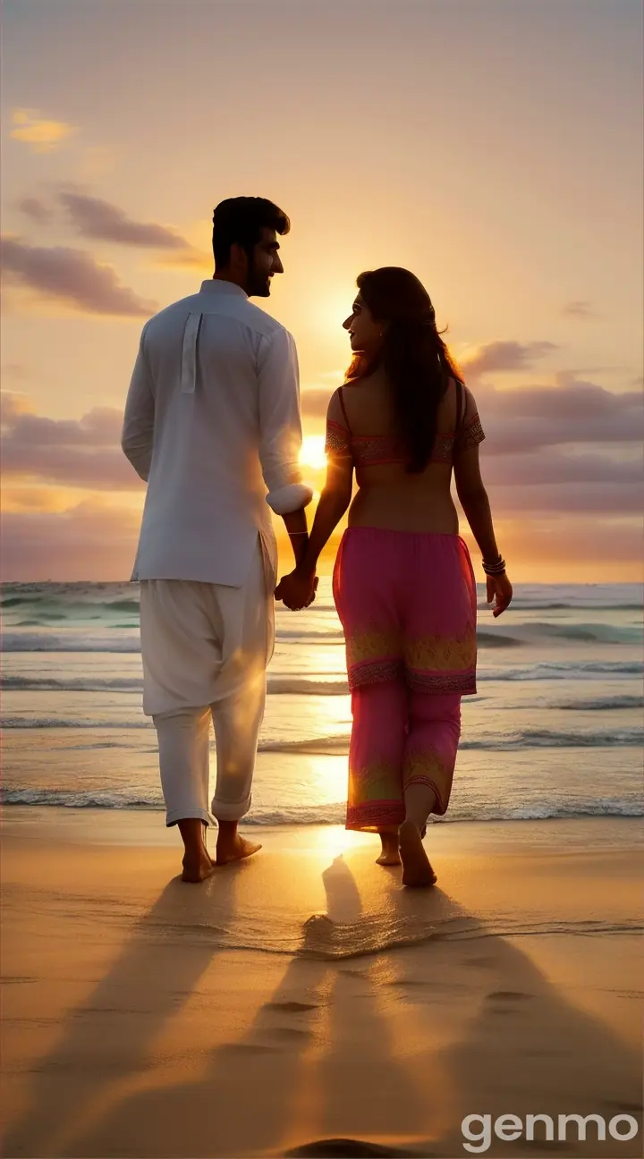 a Pakistani man and his girlfriend walking on a beach