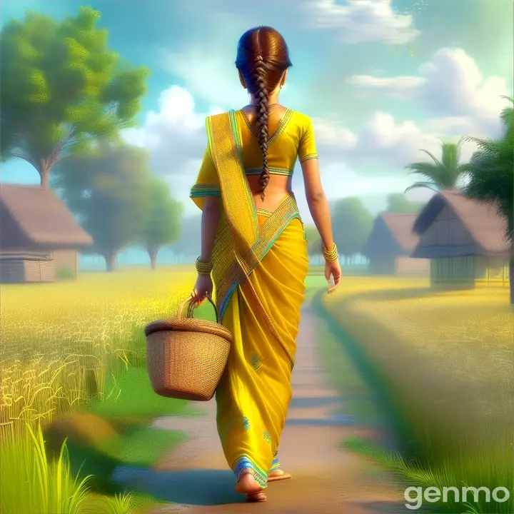 a woman a braid  wearing yellow saree walking in field carrying basket  bare foot  in village  3D animation cartoon zoom out 