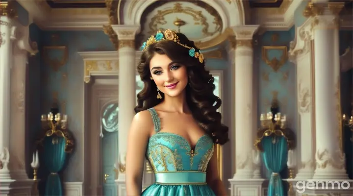 Beautiful girl 25 years old brunette with turquoise eyes in a luxurious dress with curly flowers smiling looking at the camera, against the background of expensive decorations of a rococo building, large lens, in the style of digital art, 16:9