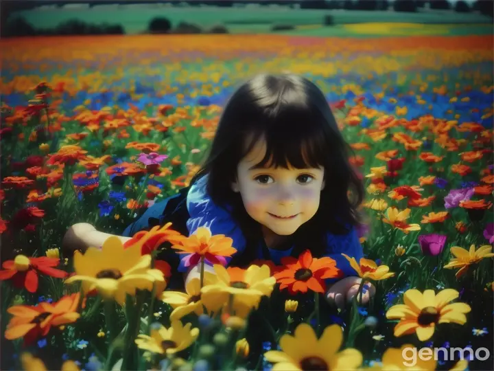 Un campo vibrante de flores coloridas bajo un cielo azul, con niños riendo y jugando. Con un ambiente oscuro