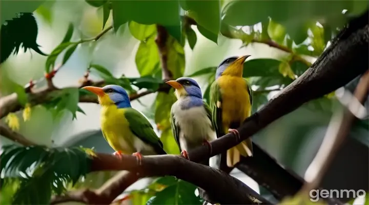 a couple of birds sitting on top of a tree branch