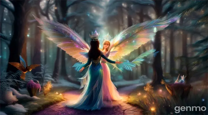 creation  of flying in   a  snowing in forest   a sparkling feather  fairy queen named Glimmer gently approached young fairy also sparkling wings  Crystal and said, "Your heart is full of magic, Crystal. Just believe in yourself."16:9