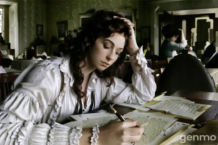 a woman sitting at a table with a book and pen