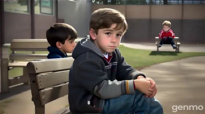 Realistic photo of Lucas sitting alone during recess, while other children are engaged in play. His face should show a mix of fear and sadness, emphasizing his feeling of exclusion. -ar 16:9