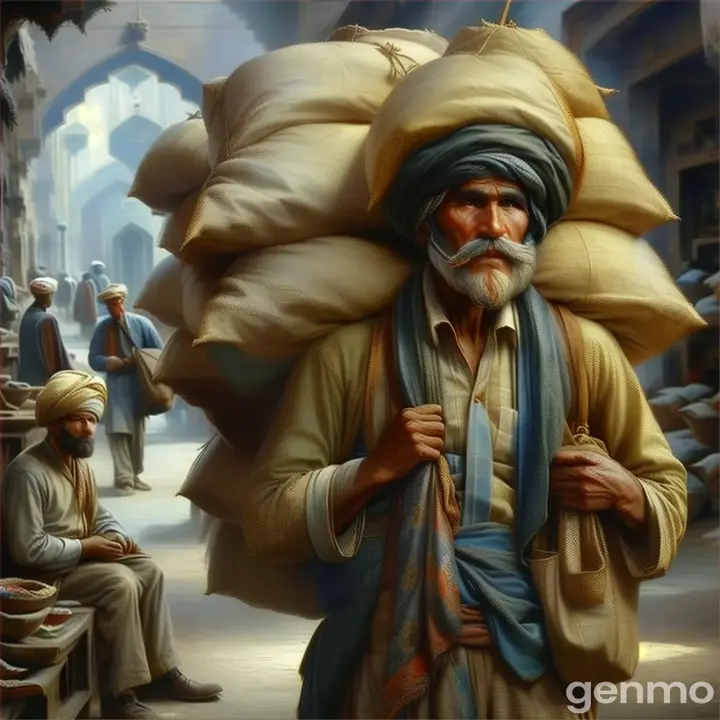 a painting of a man carrying bags of grain