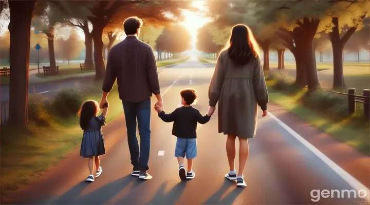 a family walking down a road holding hands