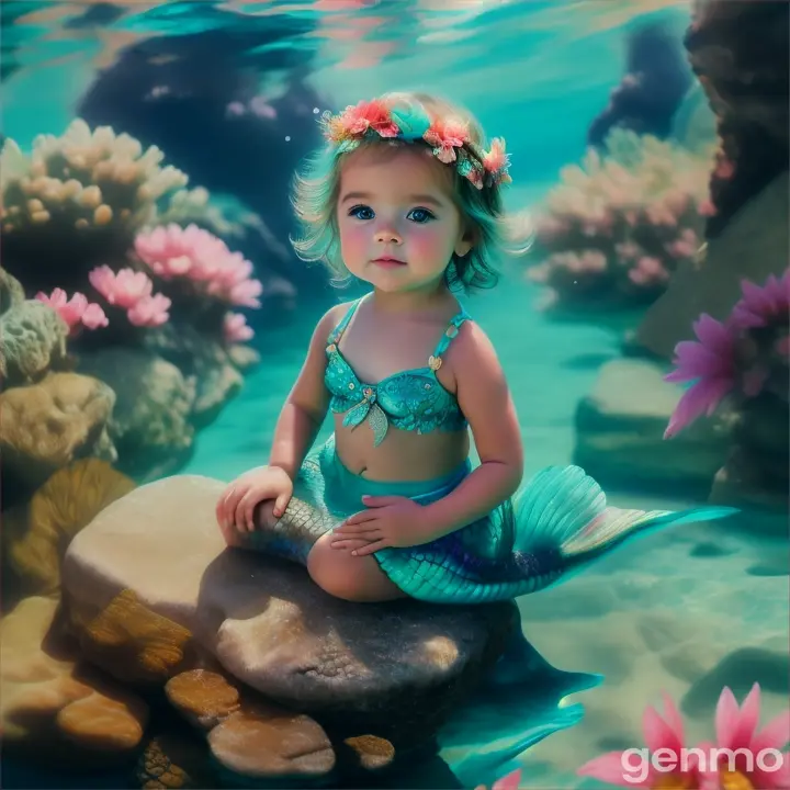 A mermaid-like baby with flowers in her hair, perched on a rock in a shallow, turquoise lagoon