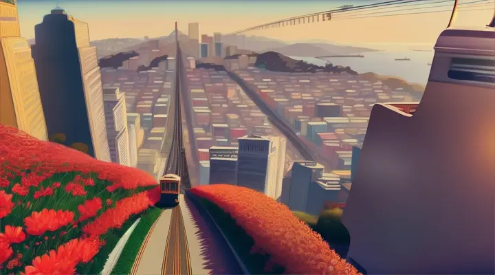 A cartoon flower riding inside a San Francisco cable car doe a steep street 