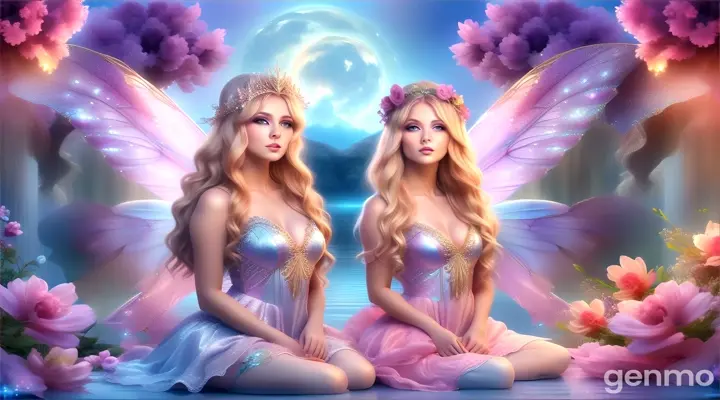 two beautiful young women dressed in fairy costumes with sunrise behind them