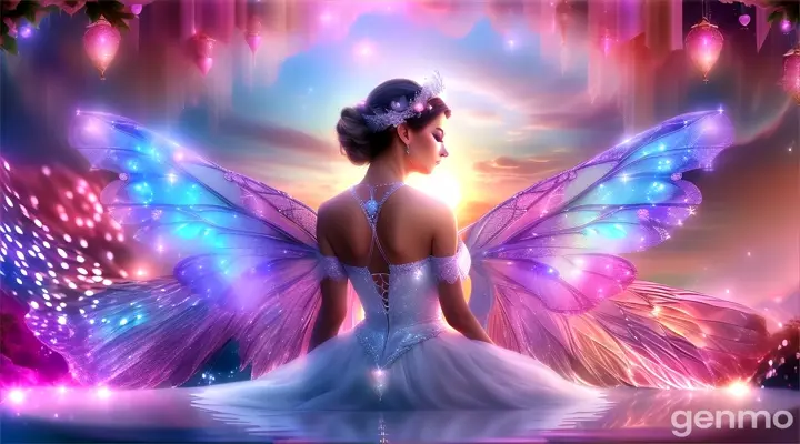 a woman in a white sparkling dress with fairy wings on her back sun rising in front of her with glowing lights