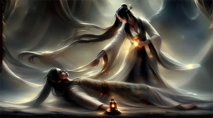 The woman in the picture seems to float away like a fairy, as the camera slowly transitions and is accompanied by some rays of light., advertising style