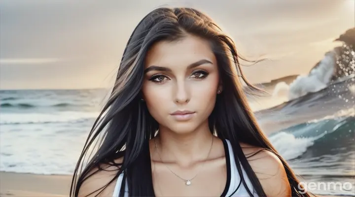 Night. Overview.  Realism. Beautiful girl with dark long hair, in silver t-shirt and jeans, with developing in the wind walking along the surf line on the beach, she is bombarded by waves, splashes flying, Beautiful guy with dark hair, seductive, attentive, loving look, in black t-shirt and jeans standing next to the background of a huge moon, moon over the sea halfway up the sky. Palm trees on the beach swaying in the wind, moon in the sky. natural colors, vivid colors, intricate detail, high detail, realistic, cinematic, studio shooting, wide angle lens, half angle shooting, sharp focus, better shadows, depth of field, ultra realistic detailed lighting, volumetric lighting, cinematic lighting, dramatic lighting, rays of light, cinema, 8