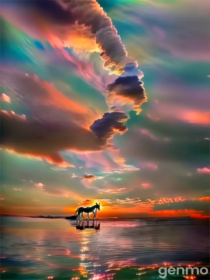 a horse standing on top of a body of water under a cloudy sky