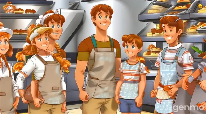 a family standing in front of a display of baked goods